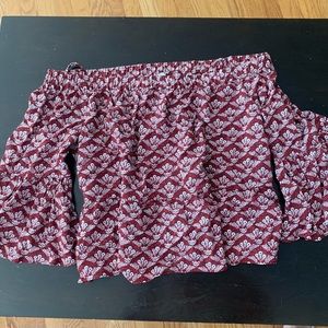 Likely Maroon and White floral off the shoulder crop top